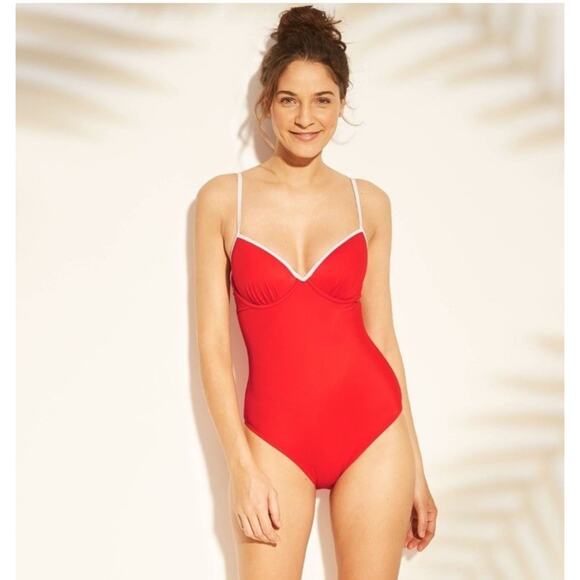 Shade & Shore Red And White Underwire Lined One Piece Swimsuit Size 34 B - Picture 1 of 7